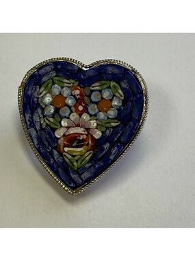 ITALY BROOCH PIN HEART SHAPE VENETIAN MOSAIC SILVER TONE BLUE FLORAL RED GREEN